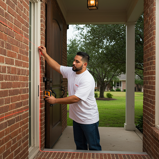 Professional installer measuring a front entryway for custom door installation in a Houston home.